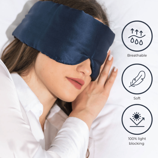 Woman with deep sleep mask and benefit symbols